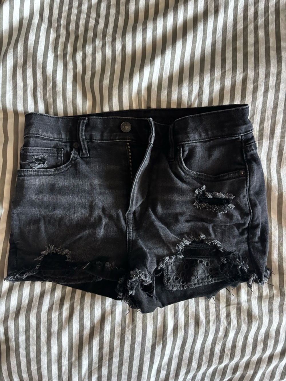 American Eagle Outfitters Black Distressed Lace-Trim Denim Shorts